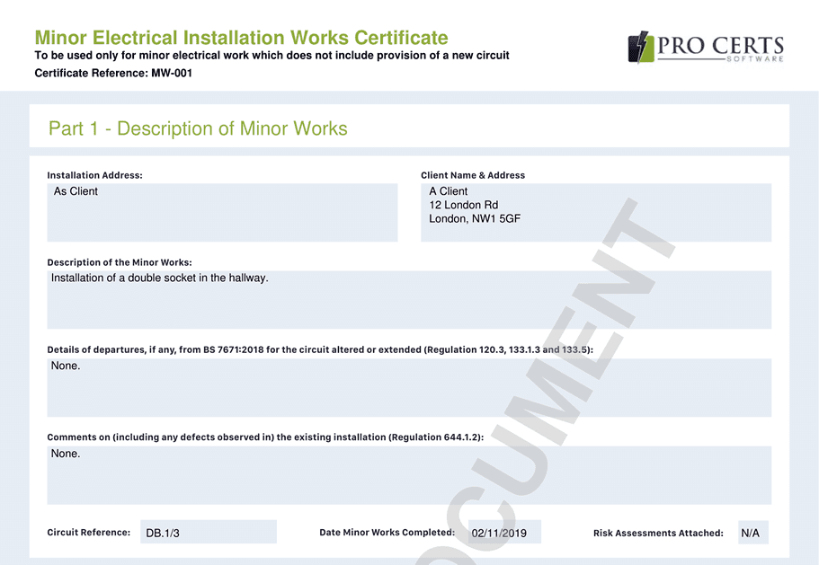 Electrical Minor Works Certificate Template
