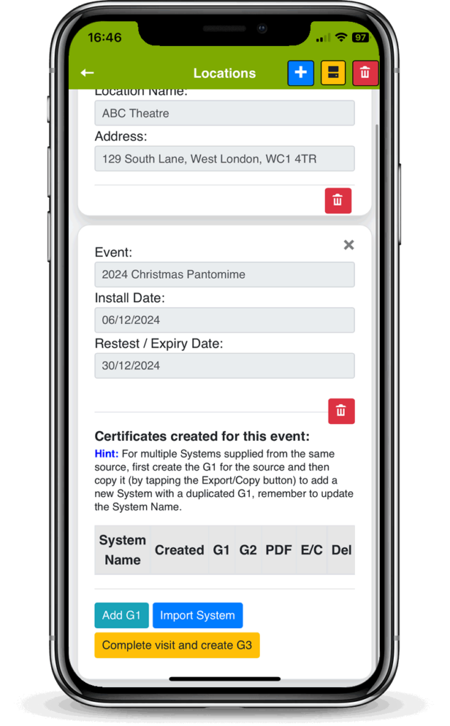 Event electrical sign-off certificates.